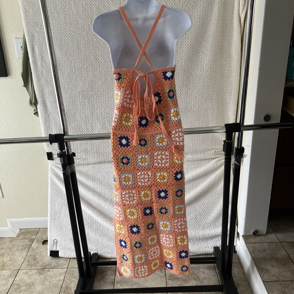 Pink Lily Crochet Halter Dress Colorful Granny Square Medium Boho Festival Gran - Picture 2 of 9